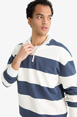Boxy Fit Dik Yaka Yarım Fermuarlı Çizgili Sweatshirt