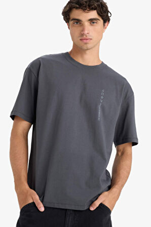 %100 Pamuk Boxy Fit Bisiklet Yaka Sırt Baskılı Kısa Kollu Tişört 