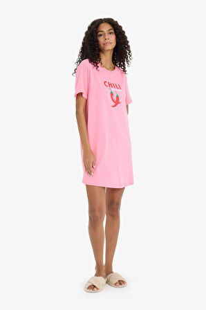 Regular Fit Bisiklet Yaka Baskılı Kısa Kollu Gecelik -Fall in Love 