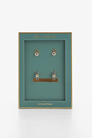 Reis x DeFacto 14 Ayar Altın Kaplama Zaffiro Twin Kadın 2'li Fatma Ana Eli ve Mavi Taşlı Gold Küpe