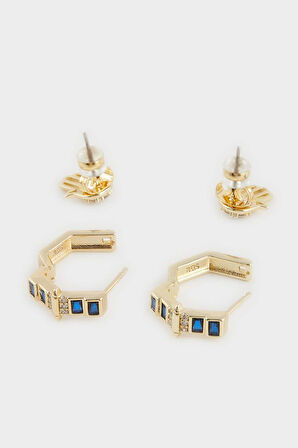 Reis x DeFacto 14 Ayar Altın Kaplama Zaffiro Twin Kadın 2'li Fatma Ana Eli ve Mavi Taşlı Gold Küpe