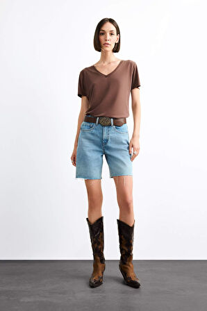 V Yaka Modal Kısa Kollu Tişört