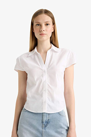 Coool Fitted Poplin Kısa Kollu Beyaz Gömlek