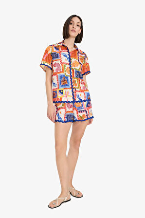 -Fall in Love Regular Fit Tropikal Desenli Plaj Kıyafeti
