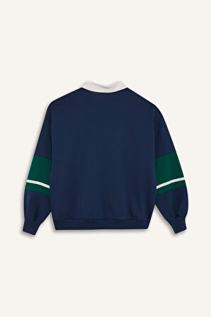 Kız Çocuk Okula Dönüş Relax Fit Polo Yaka Slogan Baskılı Sweatshirt Kumaşı Sweatshirt