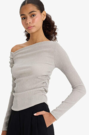 Slim Fit Dar Kesim Tek Omuzlu Bürümcük Uzun Kollu Tişört