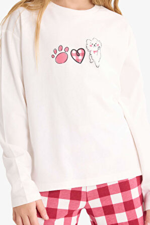 Kız Çocuk Pijama Takımı Baskılı Uzun Kollu Üst Kareli Uzun Alt