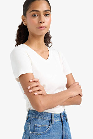 Slim Fit Dar Kesim V Yaka Basic Düz Ribana Kısa Kollu Tişört