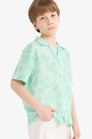 Erkek Çocuk Oversize Geniş Kalıp Polo Yaka Floral Viskon Kısa Kollu Gömlek