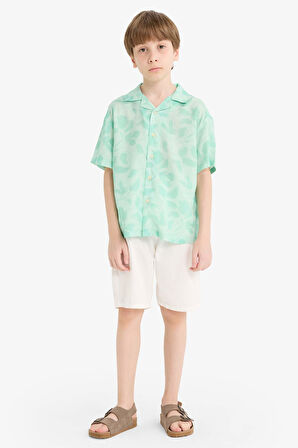 Erkek Çocuk Oversize Geniş Kalıp Polo Yaka Floral Viskon Kısa Kollu Gömlek