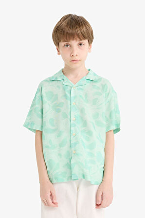 Erkek Çocuk Oversize Geniş Kalıp Polo Yaka Floral Viskon Kısa Kollu Gömlek