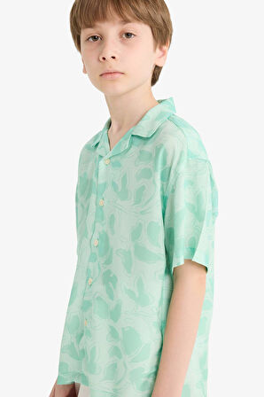 Erkek Çocuk Oversize Geniş Kalıp Polo Yaka Floral Viskon Kısa Kollu Gömlek