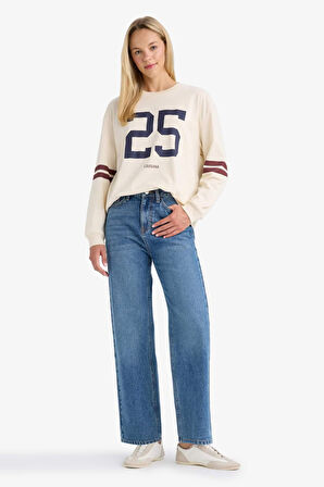 Loose Fit Bisiklet Yaka Baskılı Sweatshirt