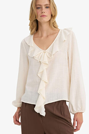 Regular Fit V Yaka Pamuklu Uzun Kollu Bluz