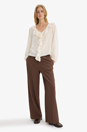 Regular Fit V Yaka Pamuklu Uzun Kollu Bluz