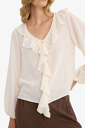 Regular Fit V Yaka Pamuklu Uzun Kollu Bluz