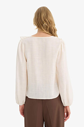 Regular Fit V Yaka Pamuklu Uzun Kollu Bluz