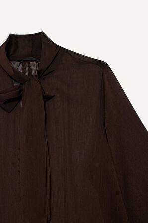 Overshirt Fit Fiyonk Yaka Şifon Uzun Kollu Bluz