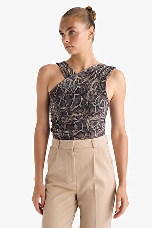 Yılan Derisi Desenli Halter Yaka Tül Bluz 