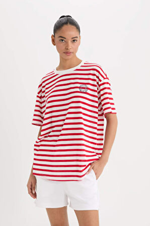 DeFactoFit  Oversize Geniş Kalıp Bisiklet Yaka Çizgili Baskılı Sporcu Kısa Kollu Tişört E2782AX25SMWT32