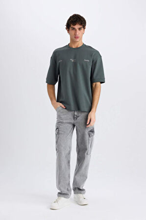 Loose Fit Bisiklet Yaka Baskılı Kısa Kollu Ağır Kumaş Tişört