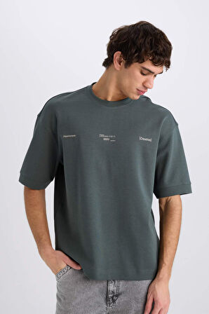 Loose Fit Bisiklet Yaka Baskılı Kısa Kollu Ağır Kumaş Tişört