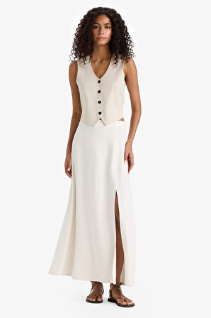 A Kesim Normal Bel Yırtmaçlı Keten Karışımlı Maxi Etek