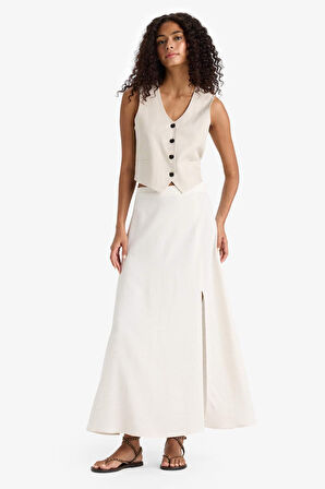 A Kesim Normal Bel Yırtmaçlı Keten Karışımlı Maxi Etek