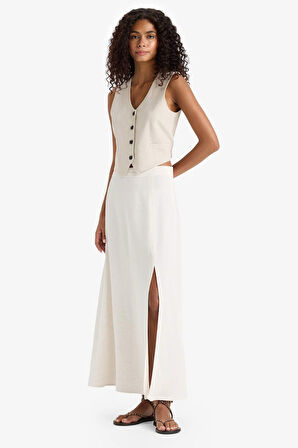 A Kesim Normal Bel Yırtmaçlı Keten Karışımlı Maxi Etek