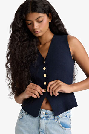 Fitted V Yaka Düğmeli Triko Yelek