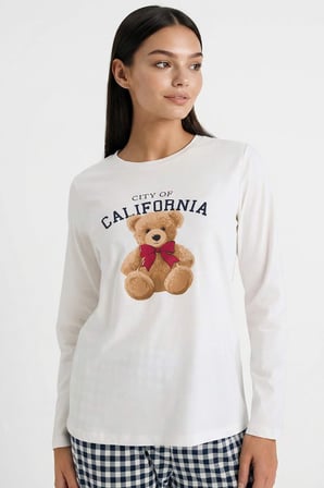 Pijama Takımı Regular Fit Ayıcıklı Uzun Kollu Üst Kareli Uzun Alt G2169AX26SPNV241