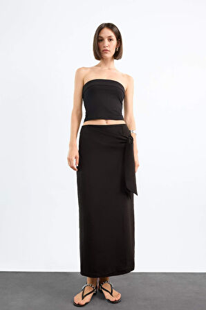 Relax Fit  Bağlamalı Siyah Maxi Keten Etek