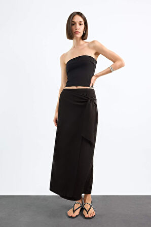 Relax Fit  Bağlamalı Siyah Maxi Keten Etek