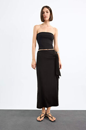 Relax Fit  Bağlamalı Siyah Maxi Keten Etek