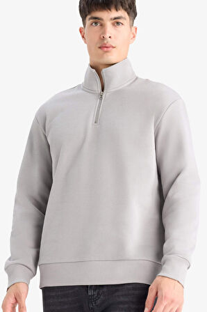 Regular Fit Dik Yaka Yarım Fermuarlı İçi Yumuşak Tüylü Basic Düz Sweatshirt