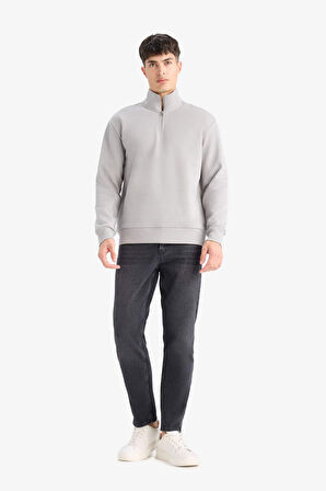 Regular Fit Dik Yaka Yarım Fermuarlı İçi Yumuşak Tüylü Basic Düz Sweatshirt