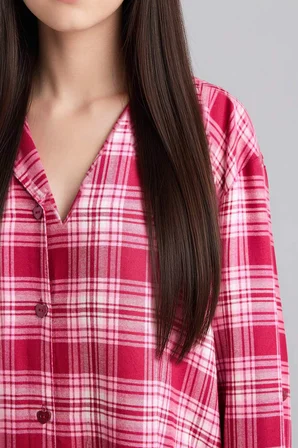 Regular Fıt Pijama Yaka Flanel Uzun Kollu Elbise