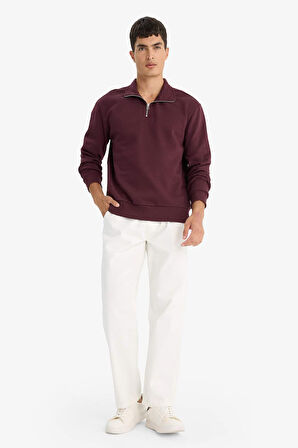 Regular Fit Dik Yaka Yarım Fermuarlı İçi Yumuşak Tüylü Basic Düz Sweatshirt