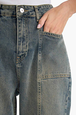 90's Wide Leg Yüksek Bel Uzun Jean Yıkamalı Pantolon