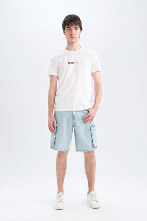 DeFacto %100 Pamuk Slim Fit Dar Kesim Bisiklet Yaka Baskılı Kısa Kollu Tişört E3776AX25SMWT34
