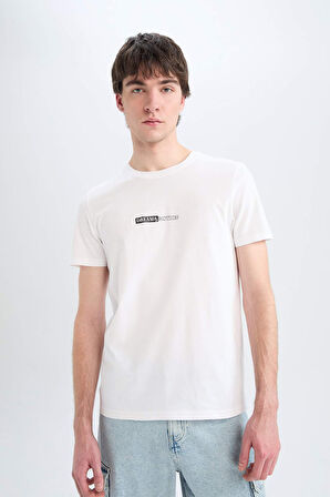 DeFacto %100 Pamuk Slim Fit Dar Kesim Bisiklet Yaka Baskılı Kısa Kollu Tişört E3776AX25SMWT34