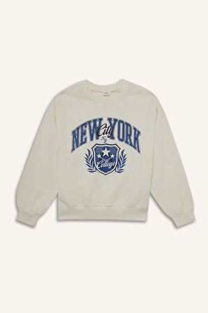 Kız Çocuk Relax Fit Bisiklet Yaka Baskılı Sweatshirt