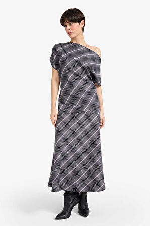 A Kesim Kareli Normal Bel Twill Midi Etek