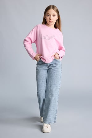 DeFacto Oversize Geniş Kalıp Bisiklet Yaka Taşlı Sweatshirt Kız Çocuk G2463A825WNPN205