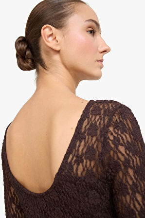 Fitted Kayık Yaka Dantel Uzun Kollu Bluz