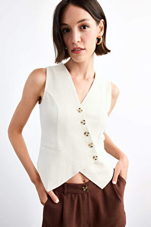 Slim Fit Dar Kesim V Yaka Keten Yelek