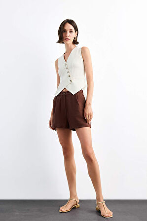 Slim Fit Dar Kesim V Yaka Keten Yelek