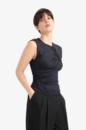 DeFacto Slim Fit Dar Kesim Bisiklet Yaka Dantel Detaylı Kolsuz Bluz G4116AX25AUBK81