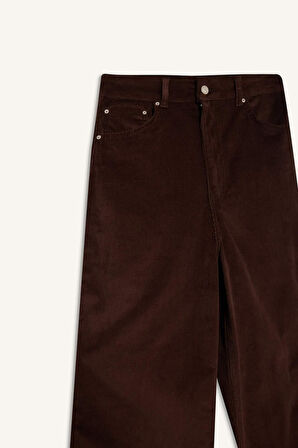 Wide Leg Fermuarlı Normal Bel Uzun Boy Kadife Pantolon