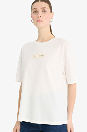 DeFacto Relax Fit Bisiklet Yaka Aplike Baskılı Penye Kısa Kollu Tişört F5102AX25SMER105